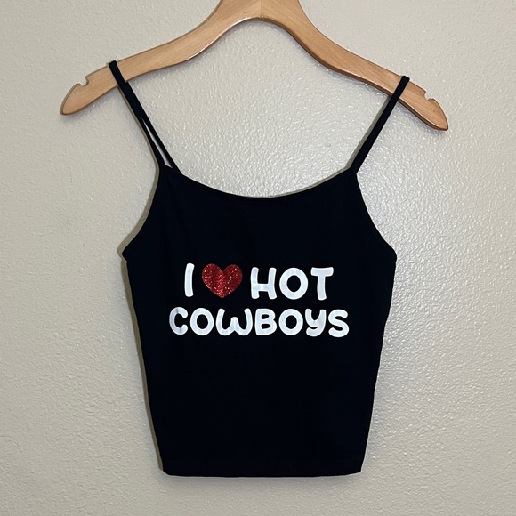wild fable Tops - Wild Fable Black I Love Hot Cowboys Spaghetti Strap Cropped Tank Top